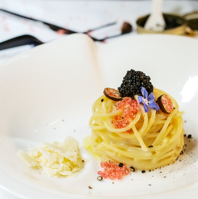 Spaghetto Adamas Prestige Selection, Parmigiano Reggiano e finger limes by Chef Michele Casadei Massari